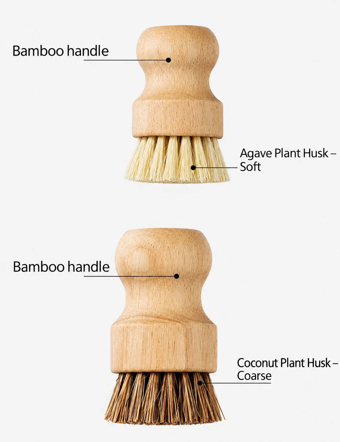 The soft brush with pale sisal agave bristles above the coarse brush with darker coconut coir bristles, both on bamboo handles